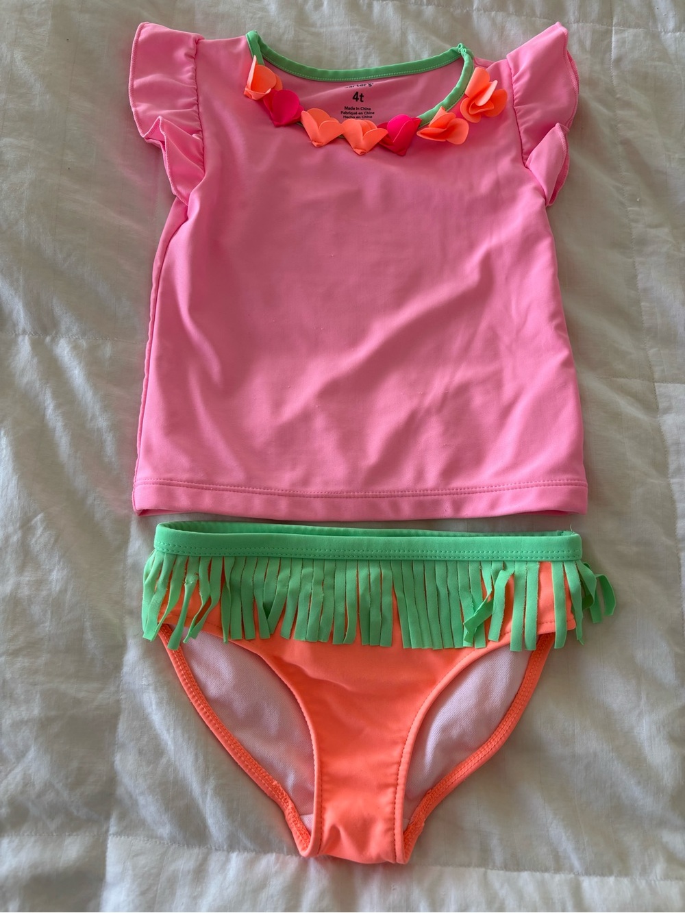 Carter's Girls 4T 2-Piece Swim Set Swim Shirt Bikini Bottom Pink Orange Green